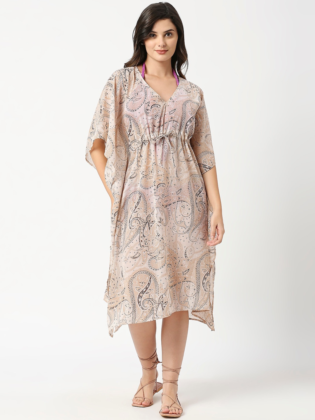 

ANWAIND Beige Paisley Printed Medium Coverage V-Neck Cover Up Top