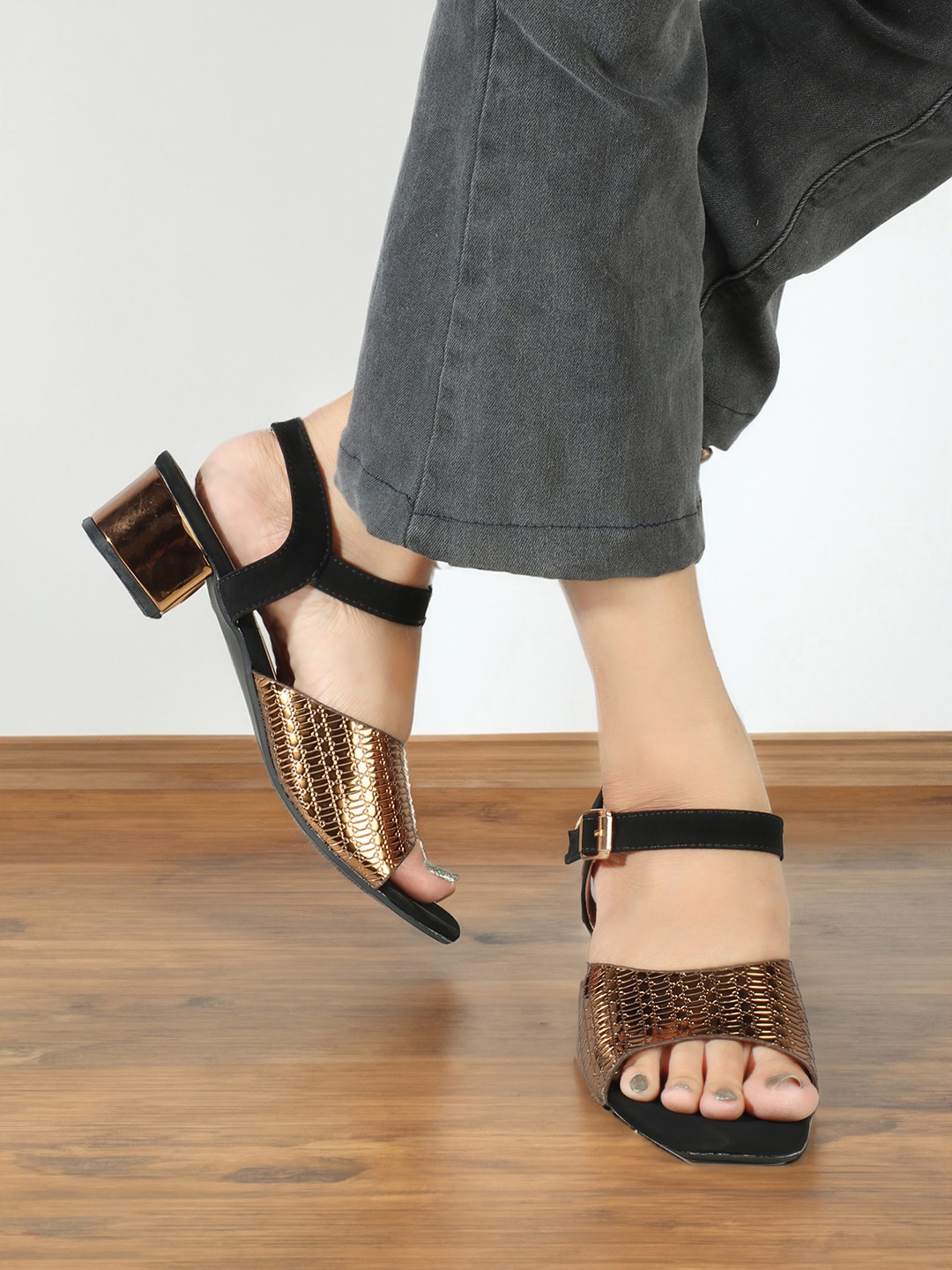 

ICONICS Textured Open Toe Block Heels, Copper