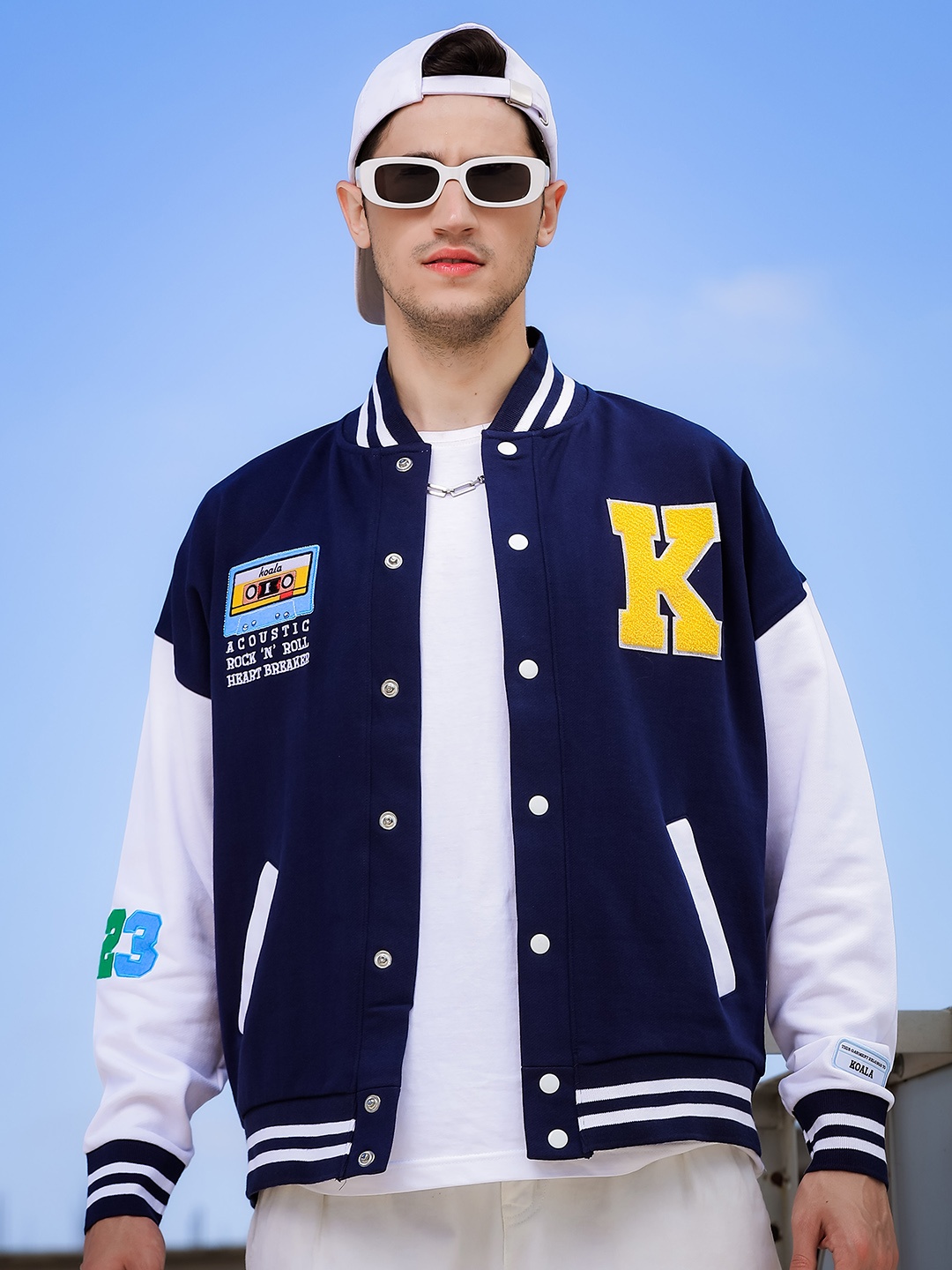 

House of Koala Graphic Printed Cotton Relaxed Fit Varsity Jacket with Patchwork Detail, Navy blue