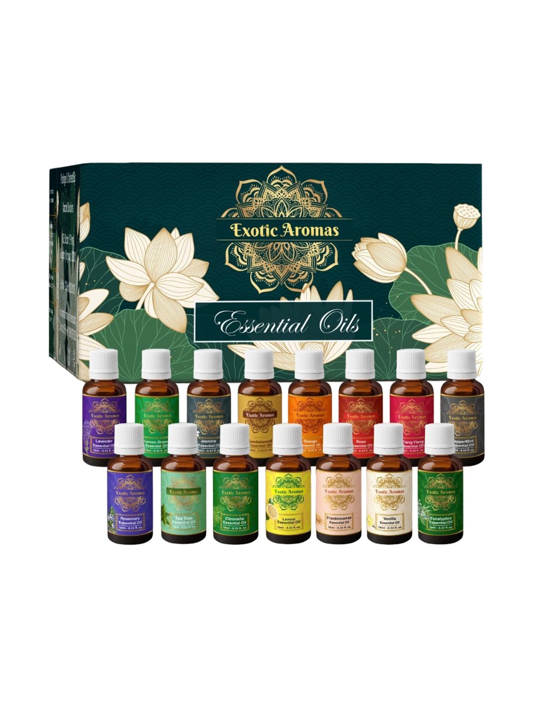 

EXOTIC AROMAS 15-Pcs Essential Oils For Diffusers & Therapeutic Use - 10ml Each, Lavender