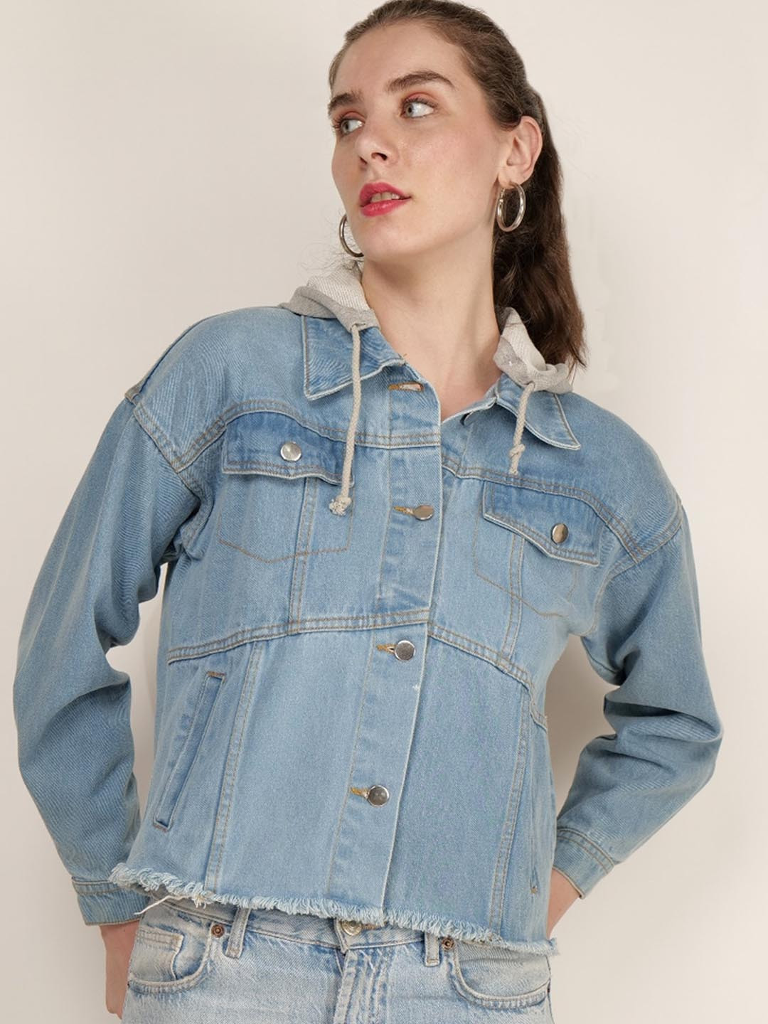 

Mast & Harbour Blue Hooded Pure Cotton Denim Jacket