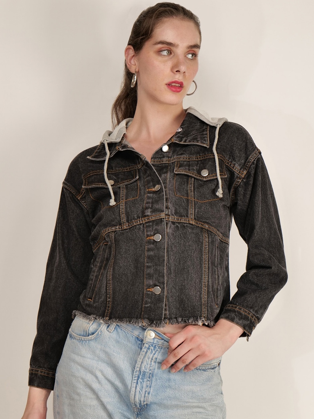 

Mast & Harbour Black Hooded Crop Denim Jacket