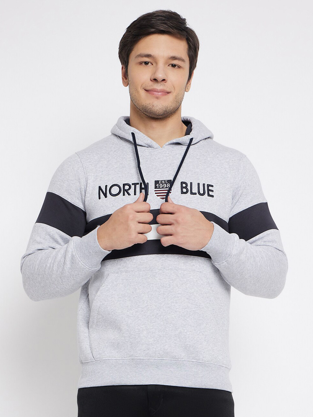 

98 Degree North Typography Embroidered Hooded Fleece Pullover, Grey