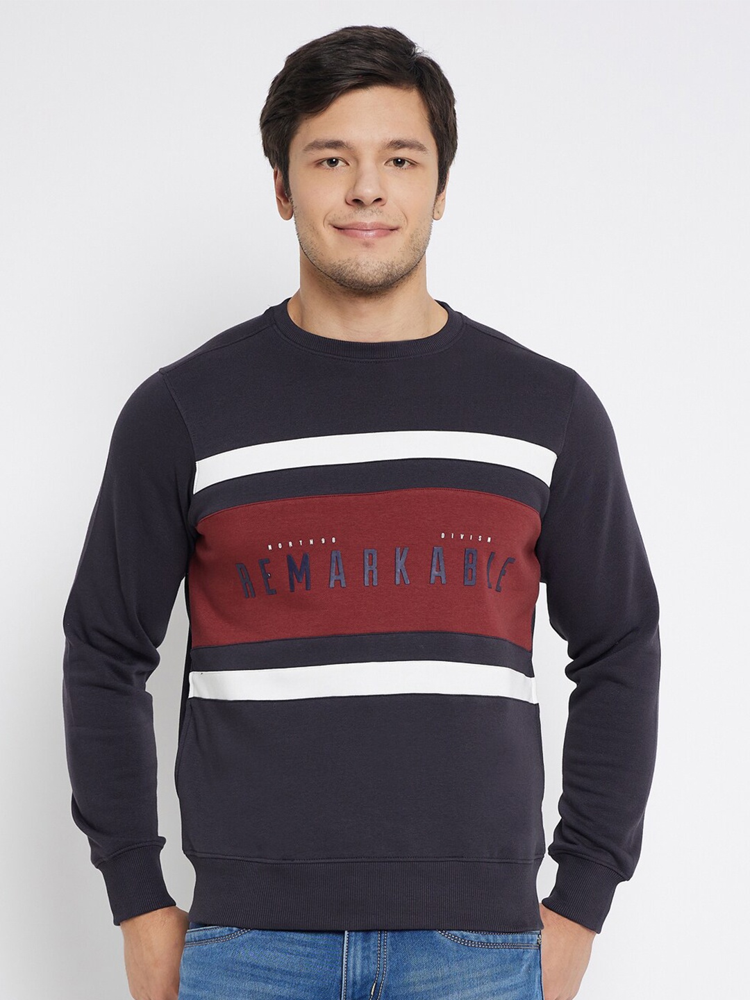 

98 Degree North Typography Printed Long Sleeves Fleece Pullover, Navy blue