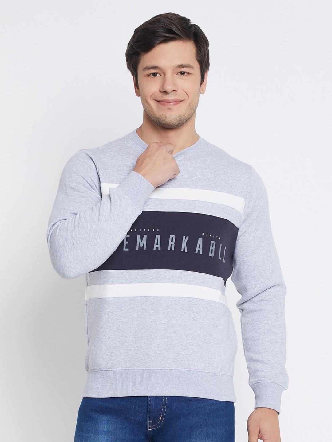 

98 Degree North Typography Printed Long Sleeves Fleece Pullover, Grey