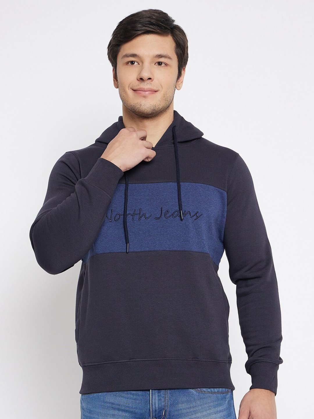 

98 Degree North Colourblocked Hooded Fleece Pullover Sweatshirt, Navy blue