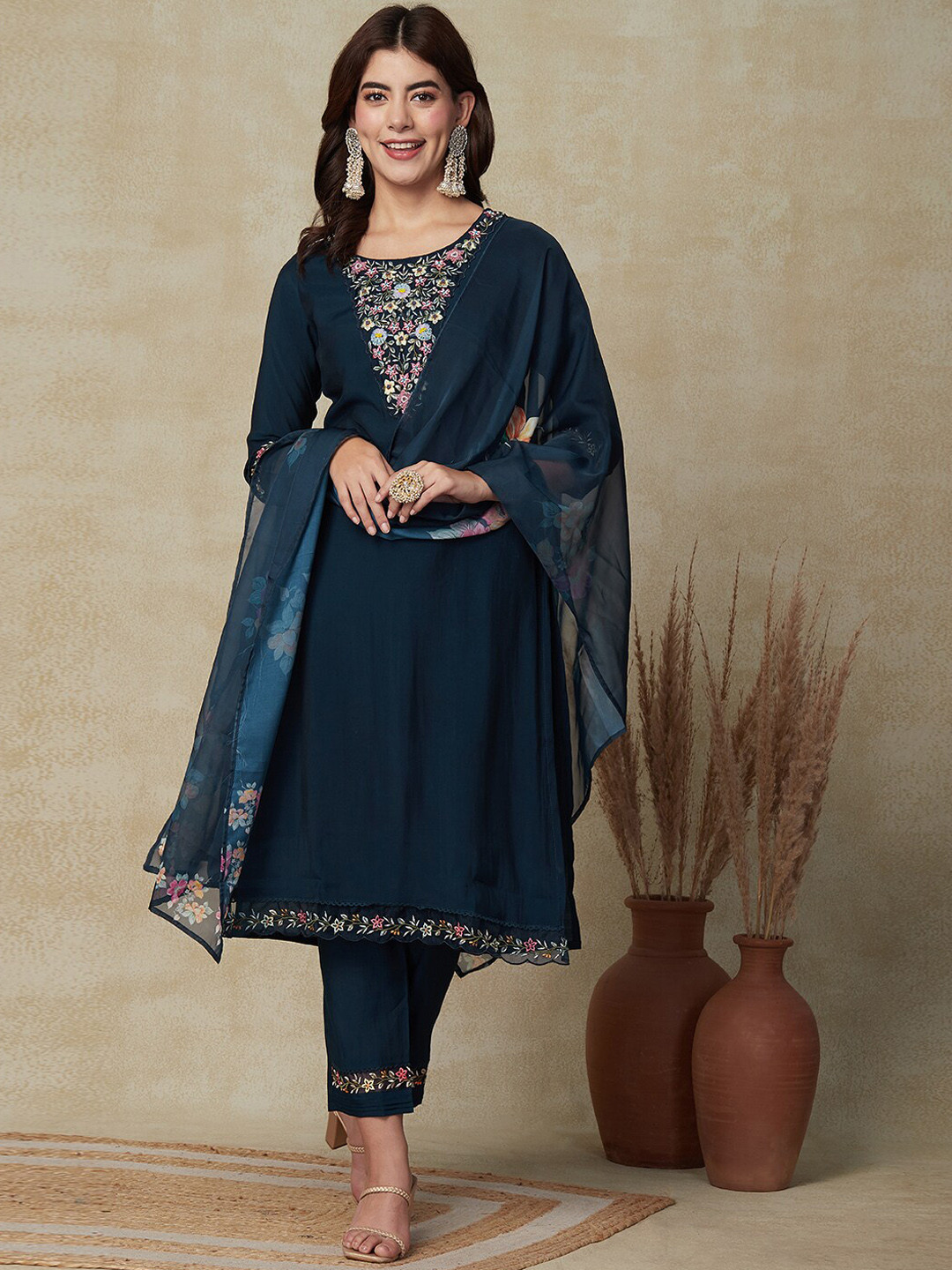 

FASHOR Floral Embroidered Beads and Stones Regular Kurta with Trousers & With Dupatta, Teal