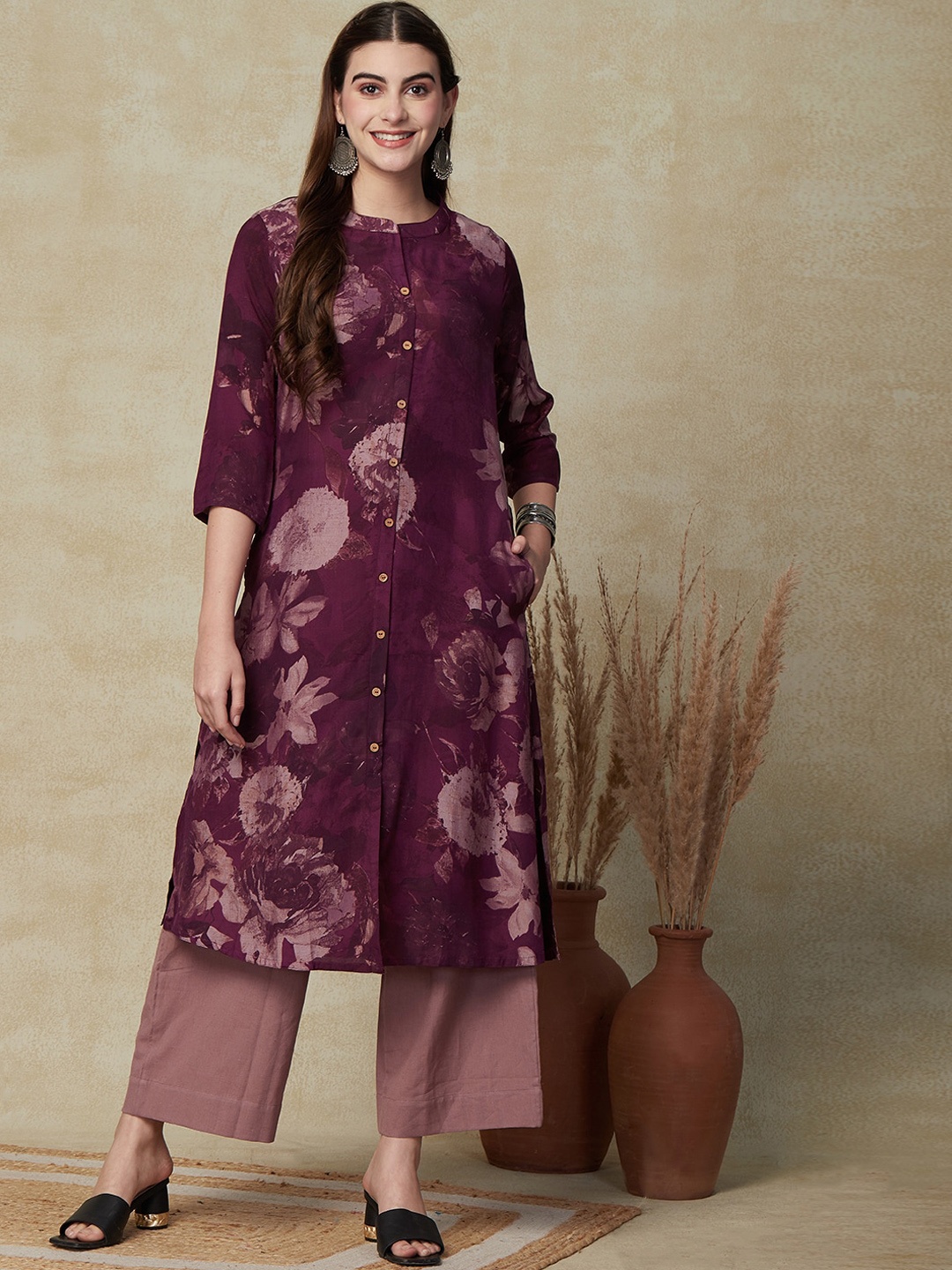 

FASHOR Floral Printed Band Collar A-Line Kurta, Magenta