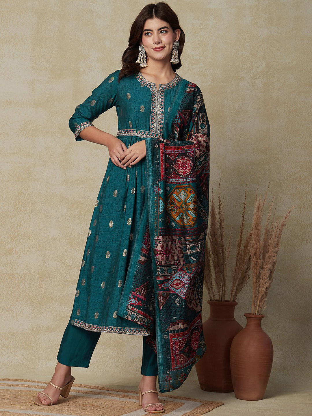 

FASHOR Ethnic Motifs Printed A-Line Kurta with Trousers & With Dupatta, Teal