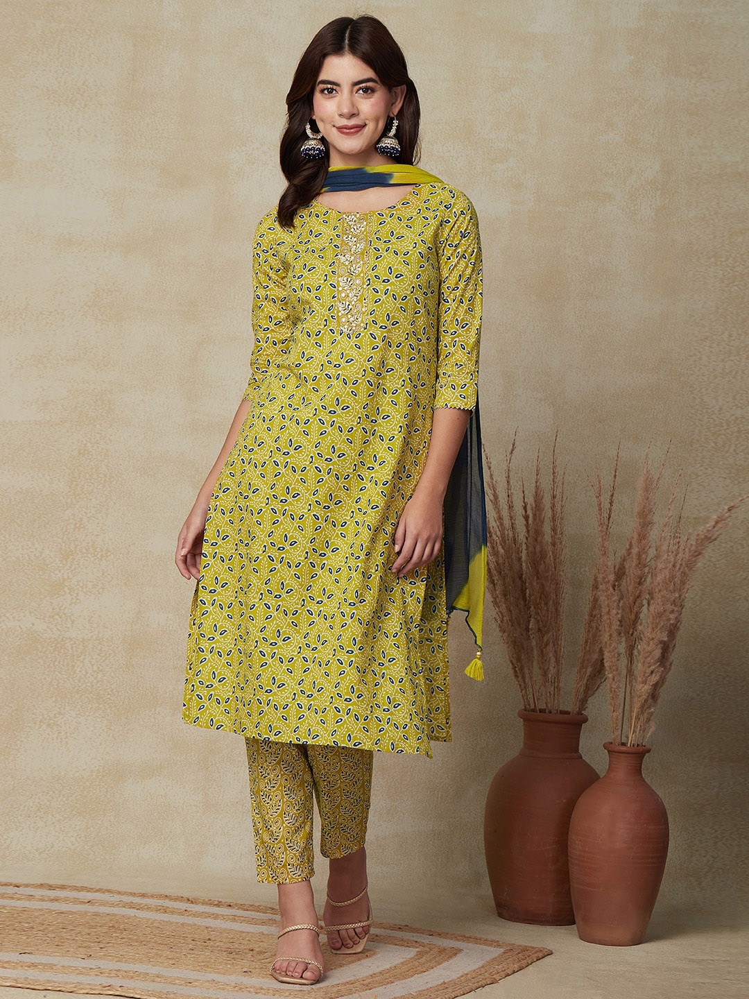 

FASHOR Floral Printed Mirror Work Pure Cotton Kurta & Trousers With Dupatta, Yellow