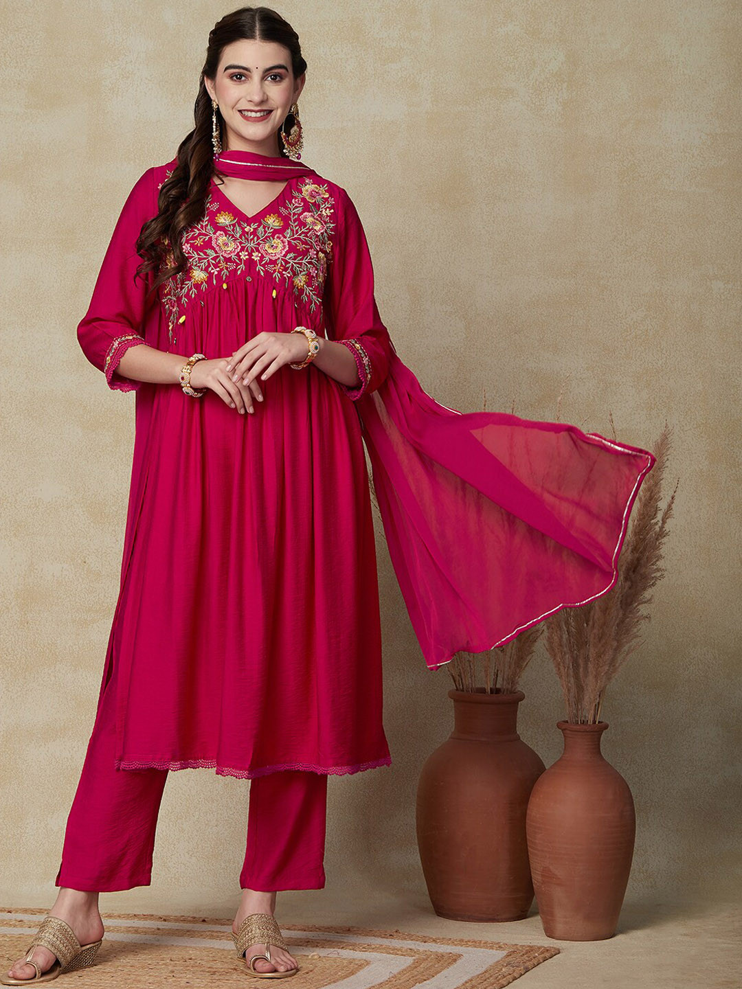 

FASHOR Floral Embroidered Beads and Stones Kurta & Trousers With Dupatta, Pink