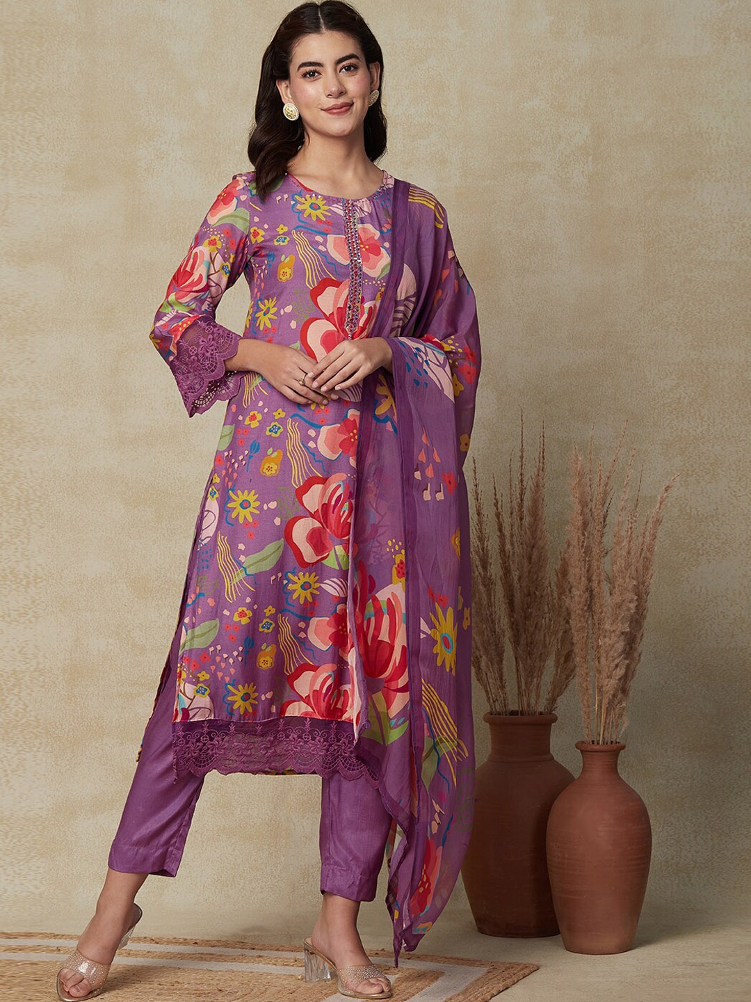 

FASHOR Floral Printed Mirror Work Kurta & Trousers With Dupatta, Purple