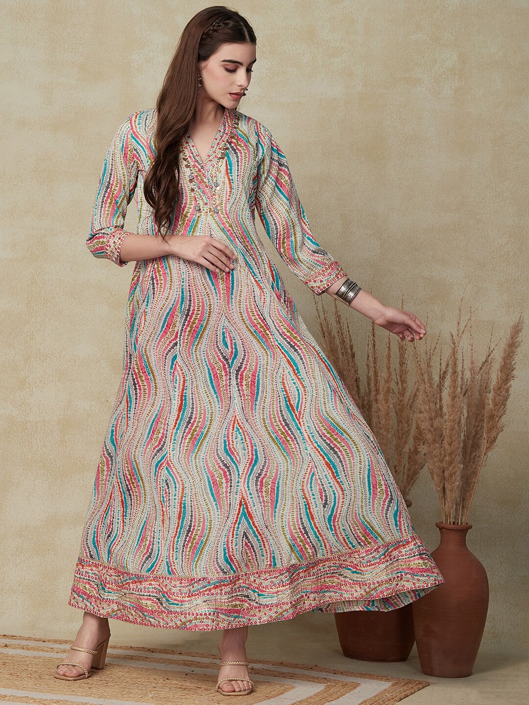 

FASHOR Ethnic Motifs Printed Mirror Work Cotton Maxi Ethnic Dress, White