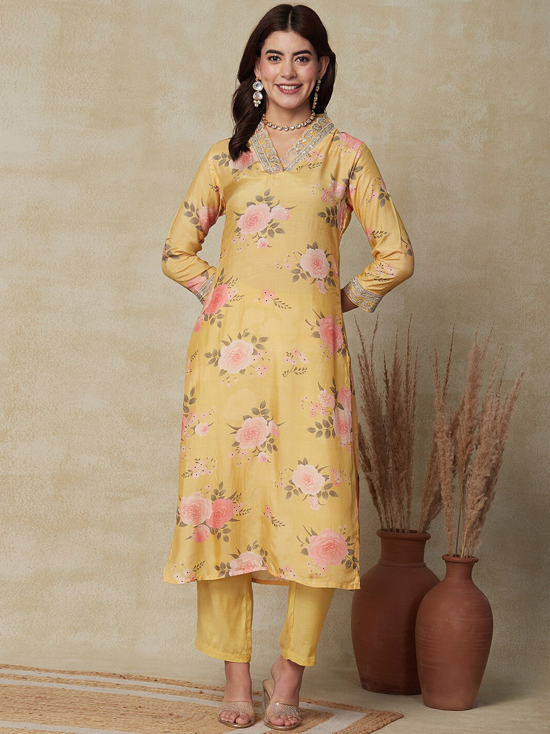

FASHOR Floral Printed Sequinned Kurta & Trousers With Dupatta, Yellow