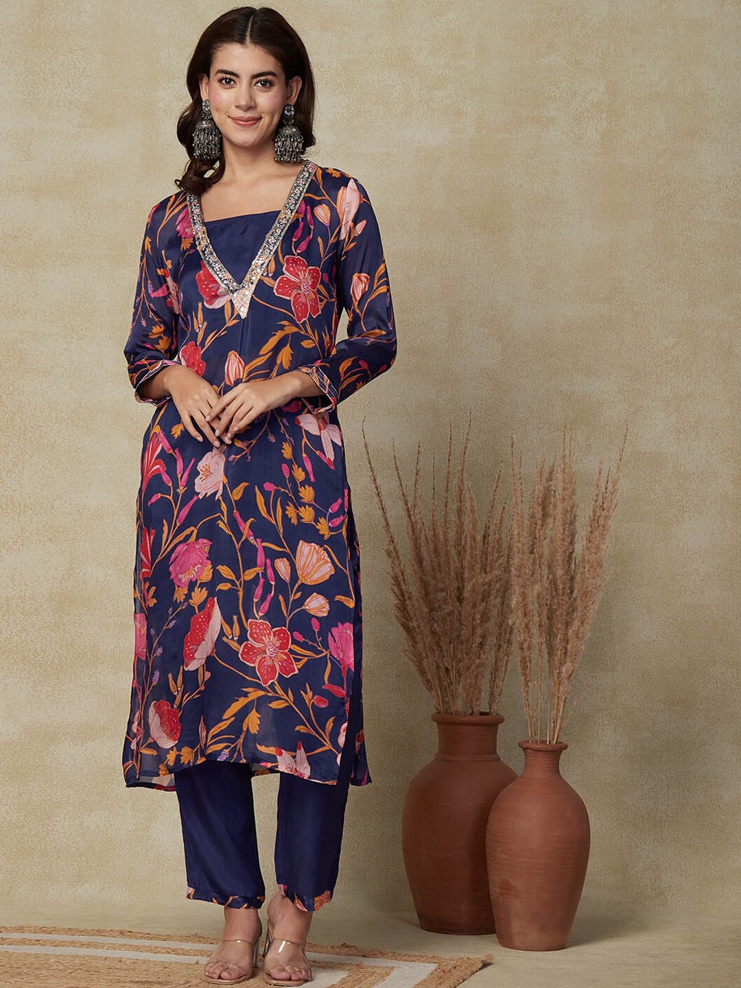 

FASHOR Floral Printed Sequinned Kurta & Trouser With Camisole, Blue