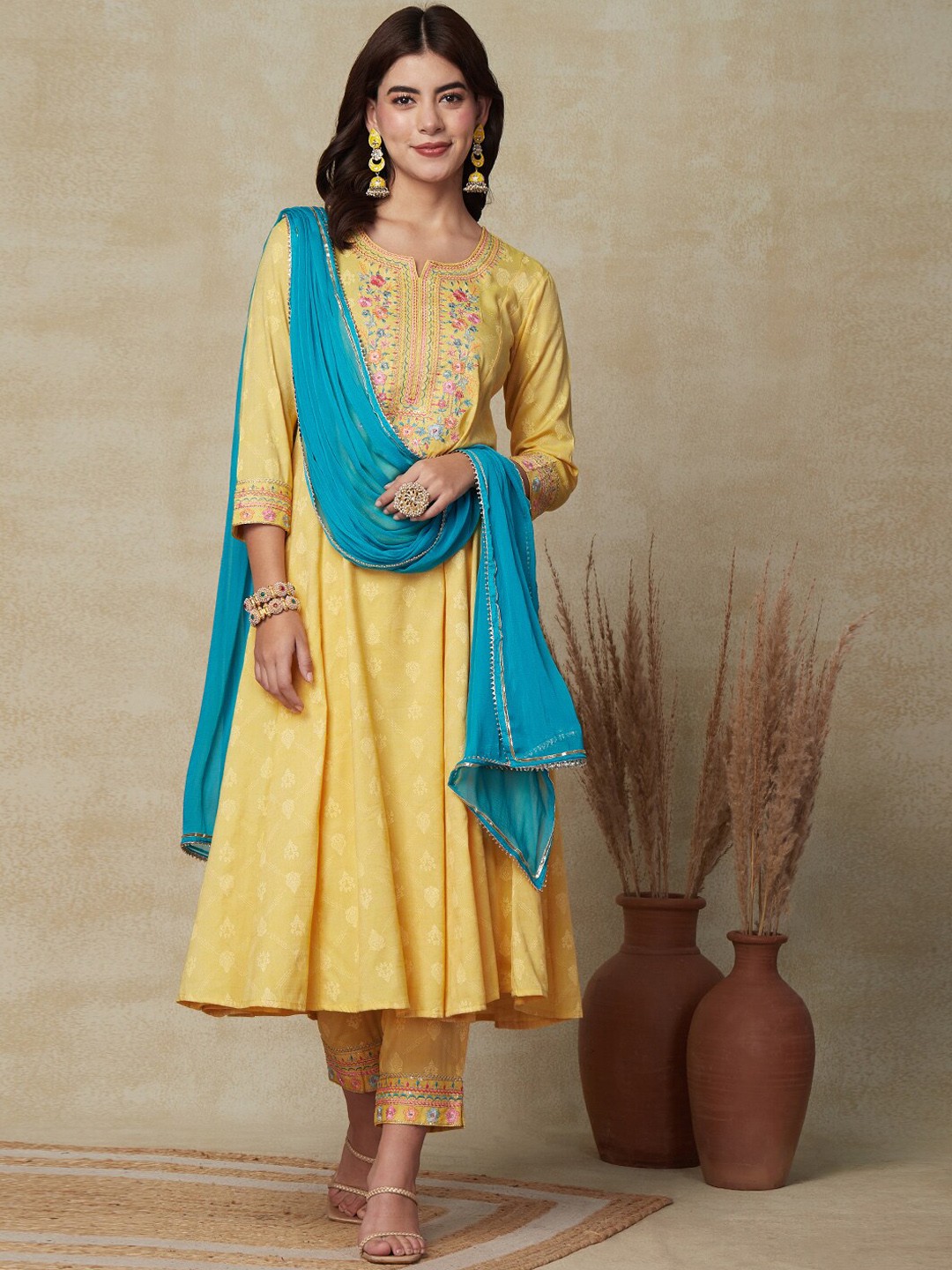 

FASHOR Ethnic Motifs Printed Thread Work Panelled Anarkali Kurta & Trouser With Dupatta, Yellow