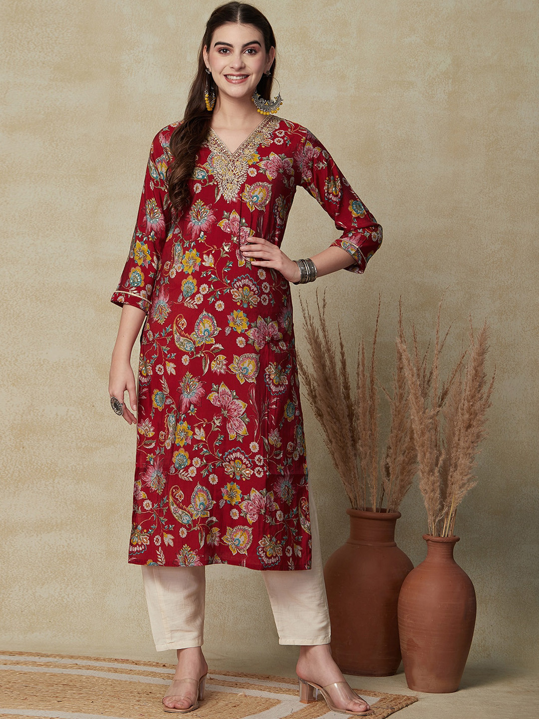 

FASHOR Red Floral Printed Thread Work Straight Kurta