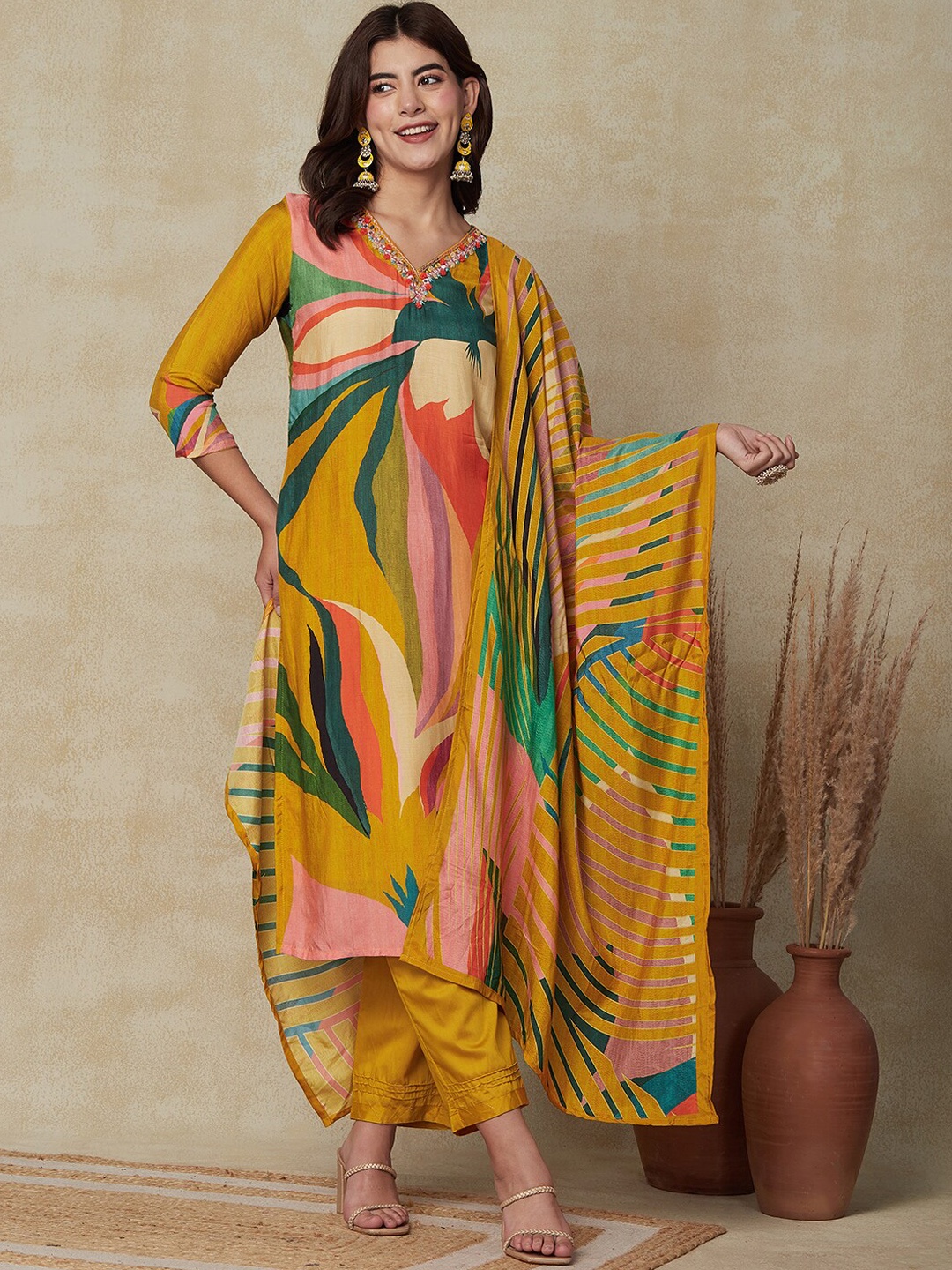 

FASHOR Floral Printed V-Neck Mirror Work Kurta With Trousers & Dupatta, Mustard