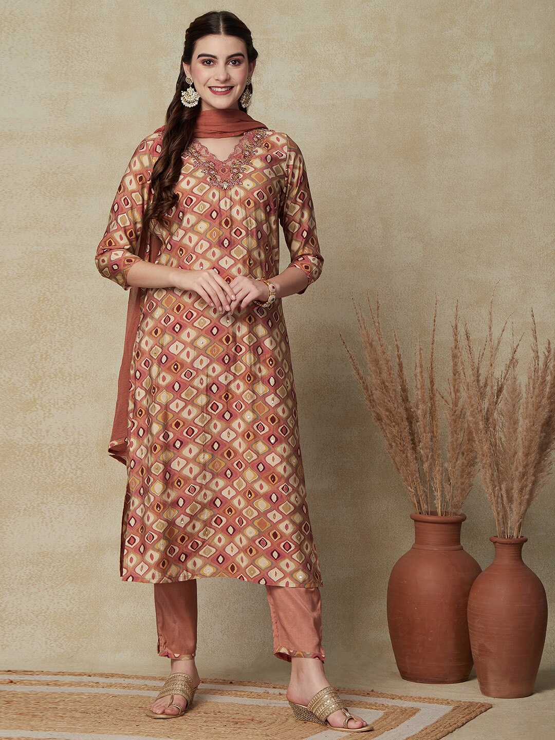 

FASHOR Brown Gemetric Printed V-Neck Foil Mirror Work Kurta With Trousers & Dupatta