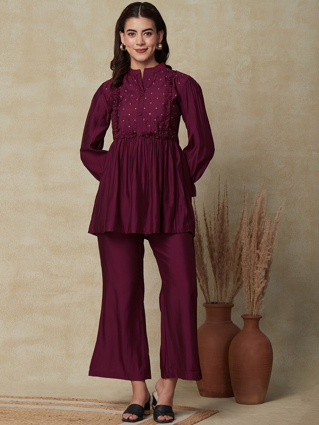 

FASHOR Embroidered Mandarin Collar Co-Ords Set, Burgundy