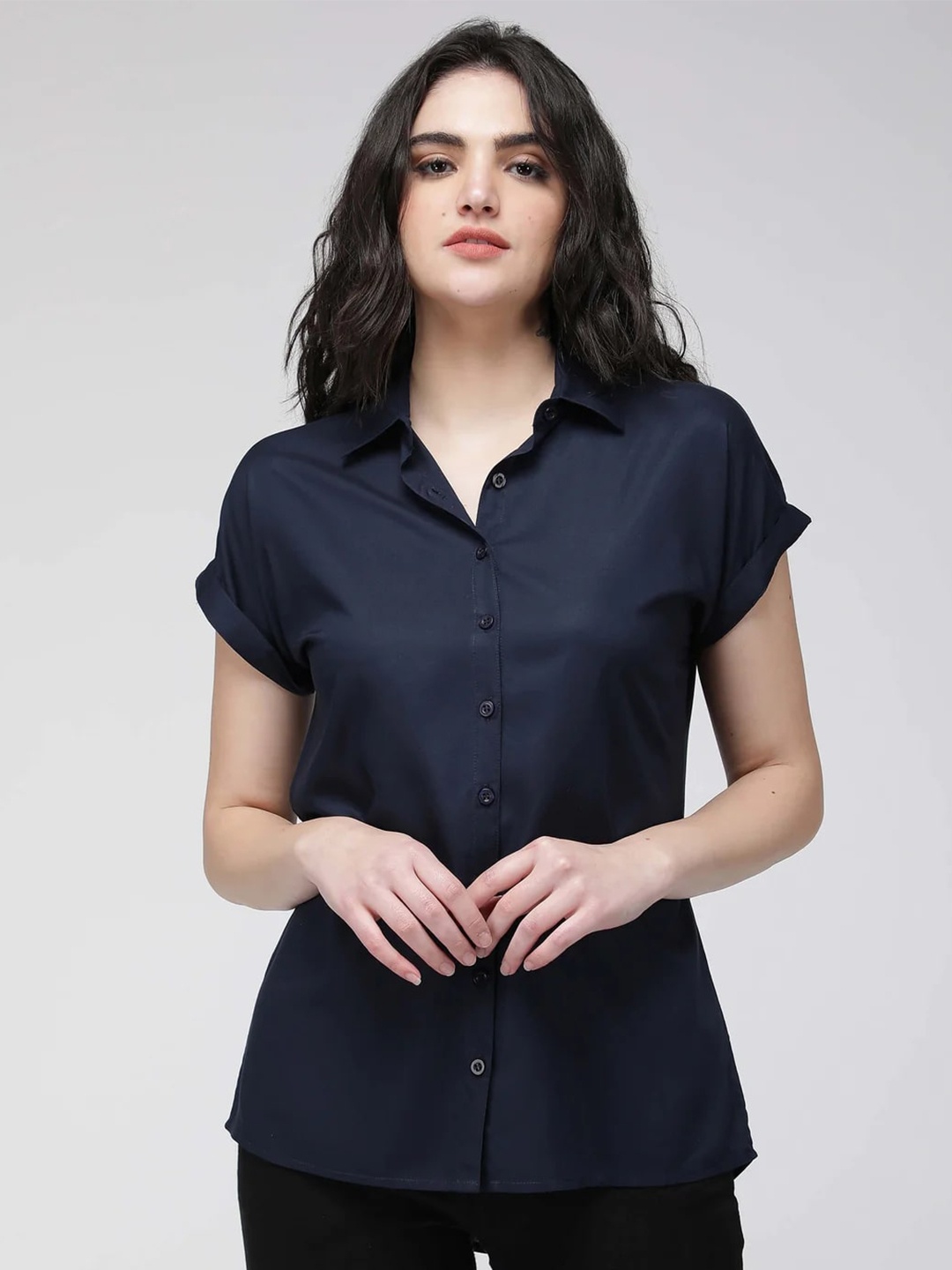 

IDK Spread Collar Casual Crepe Shirt, Navy blue