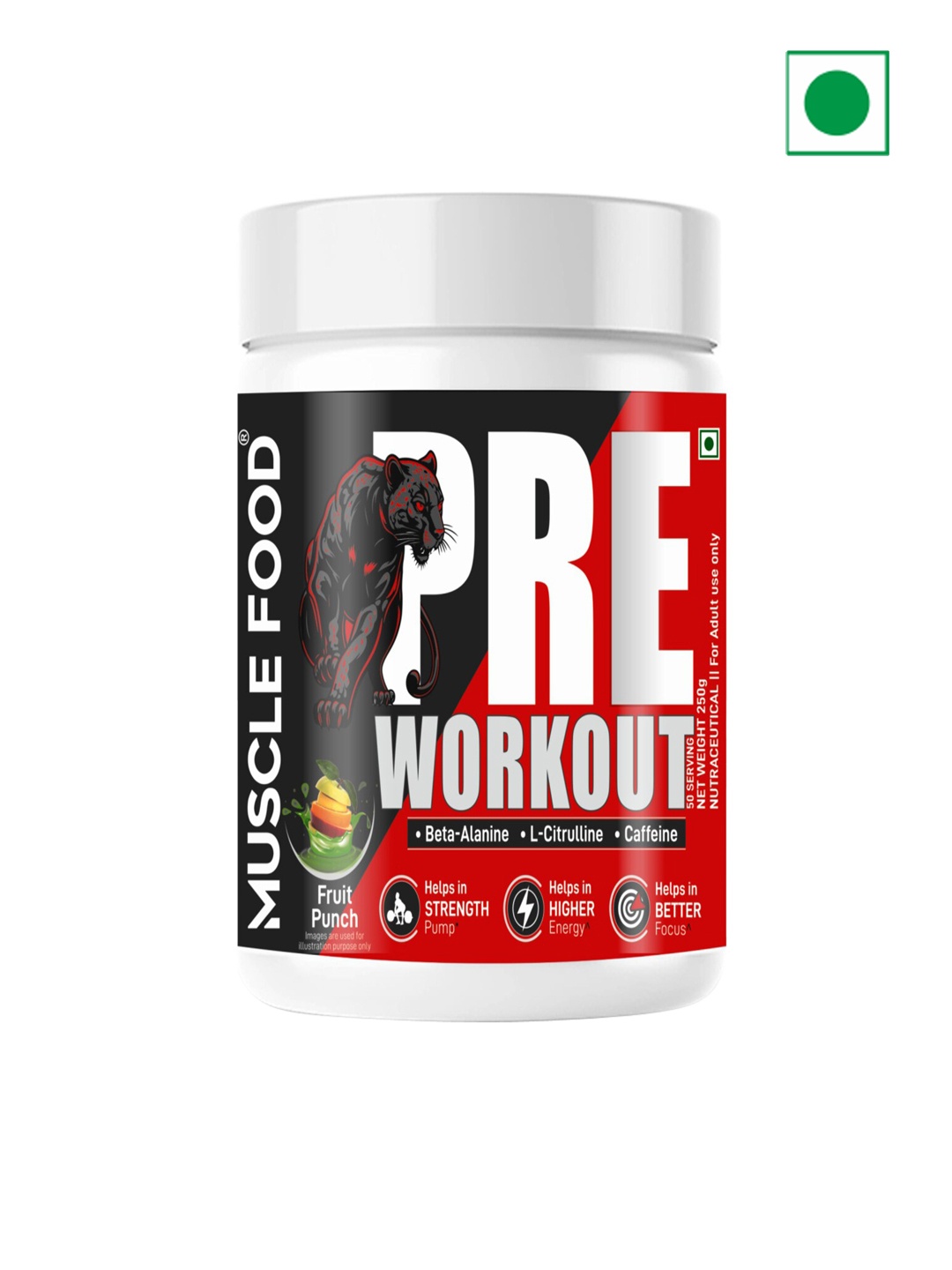 Dr. Morepen Muscle Food Pre Workout Fruit Punch Flavour - 250 gm, Red