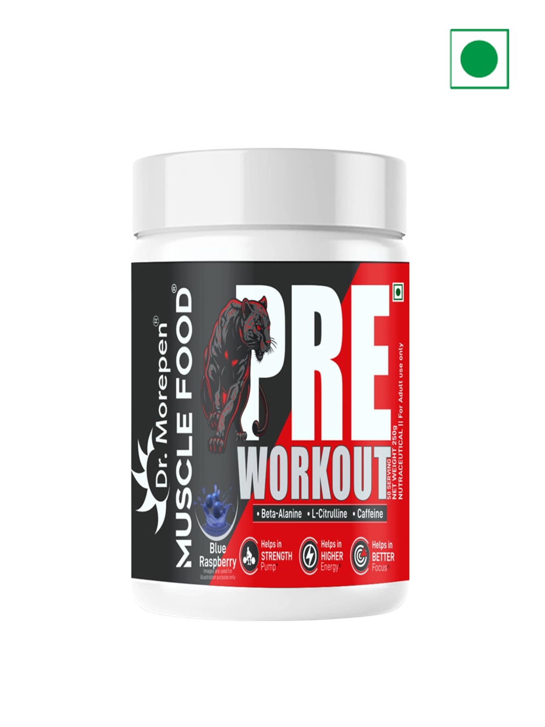 

Dr. Morepen Pre Workout Blue Raspberry Flavour - 250 g, Red
