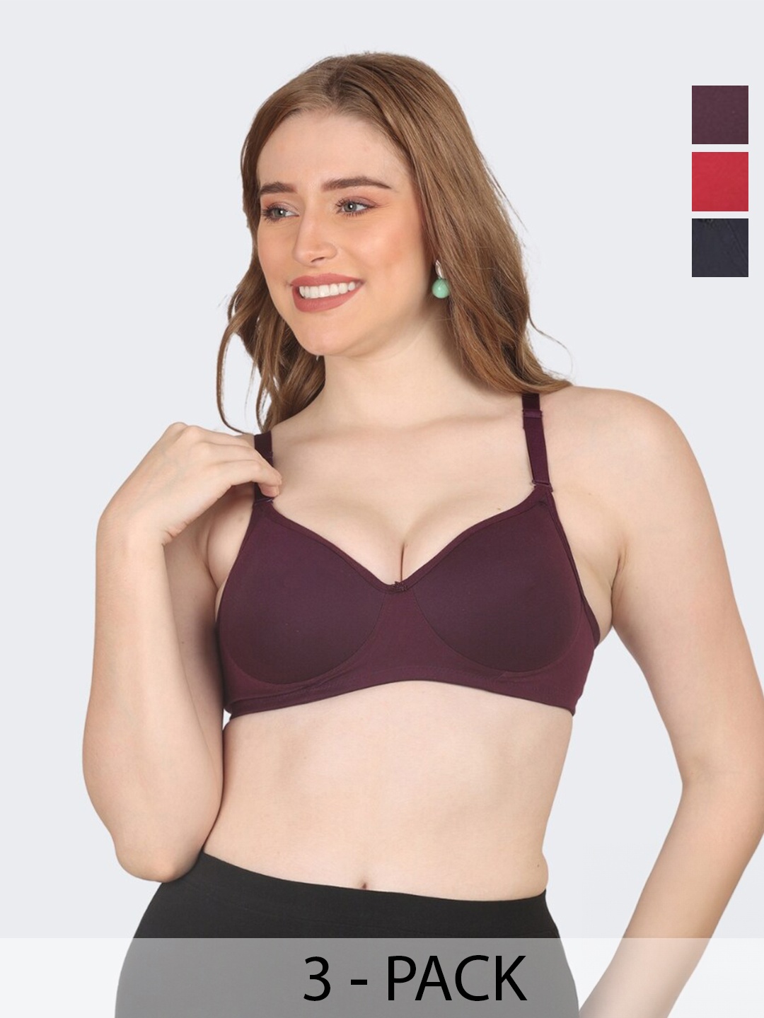 

POOJA RAGENEE Pack Of 3 Everyday Bra Non-Wired Full Coverage Lightly Padded, Maroon