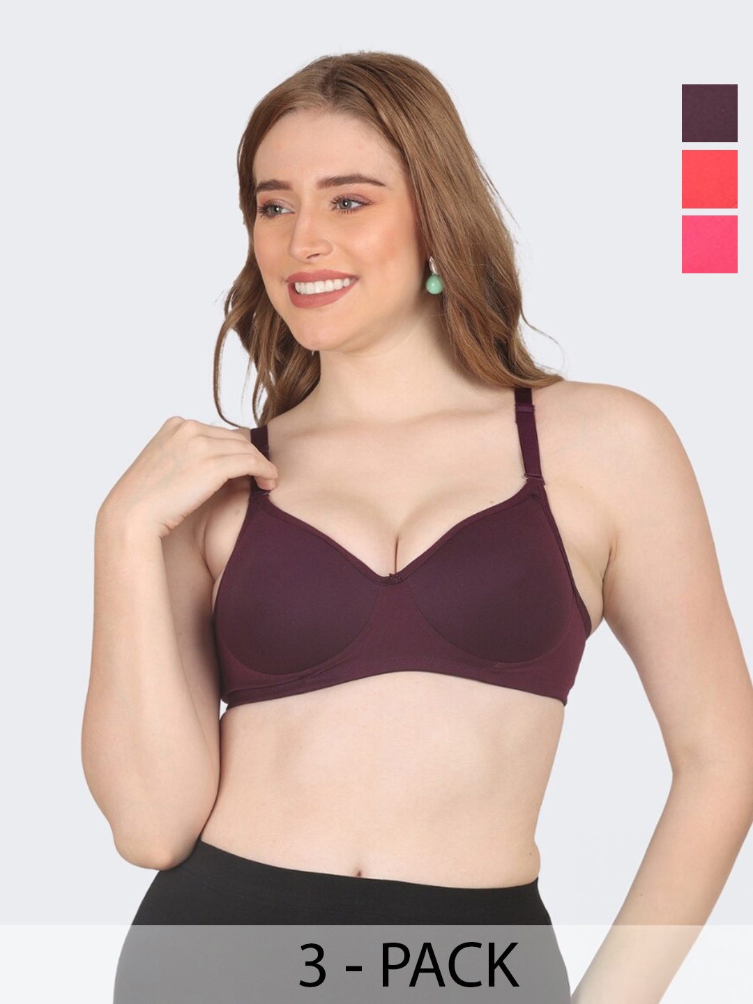 

POOJA RAGENEE Pack Of 3 Everyday Bra Non-Wired Full Coverage Lightly Padded, Coral