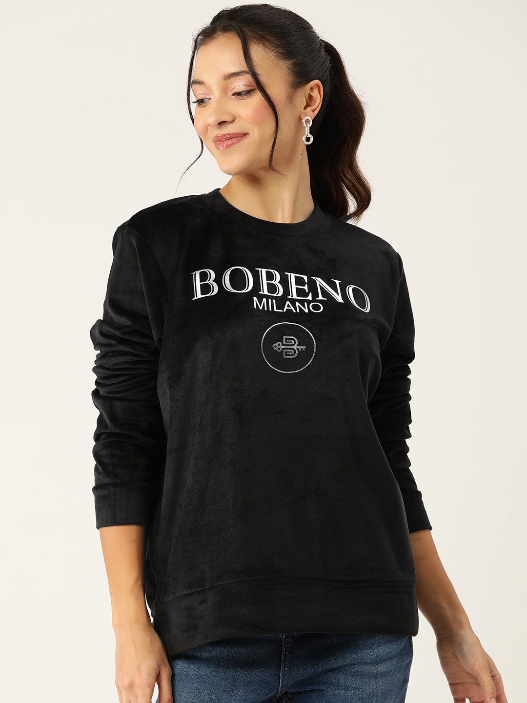 

Bobeno Milano Brand Logo Printed Velvet Longline Sweatshirt, Black