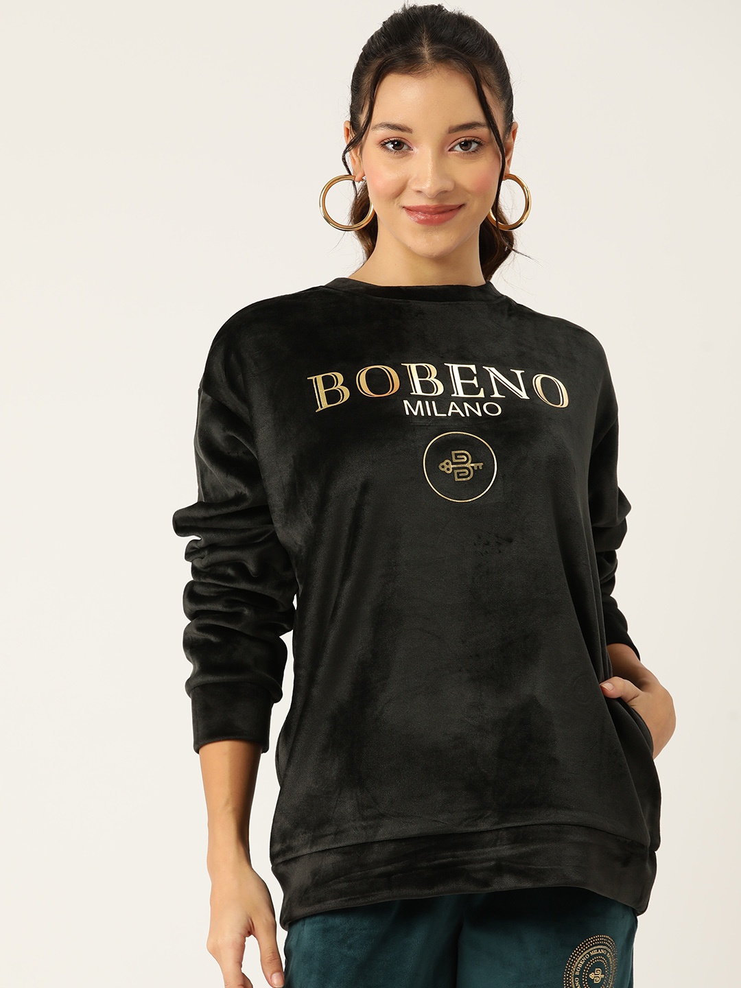 

Bobeno Milano Typography Printed Velvet Longline Sweatshirt, Black
