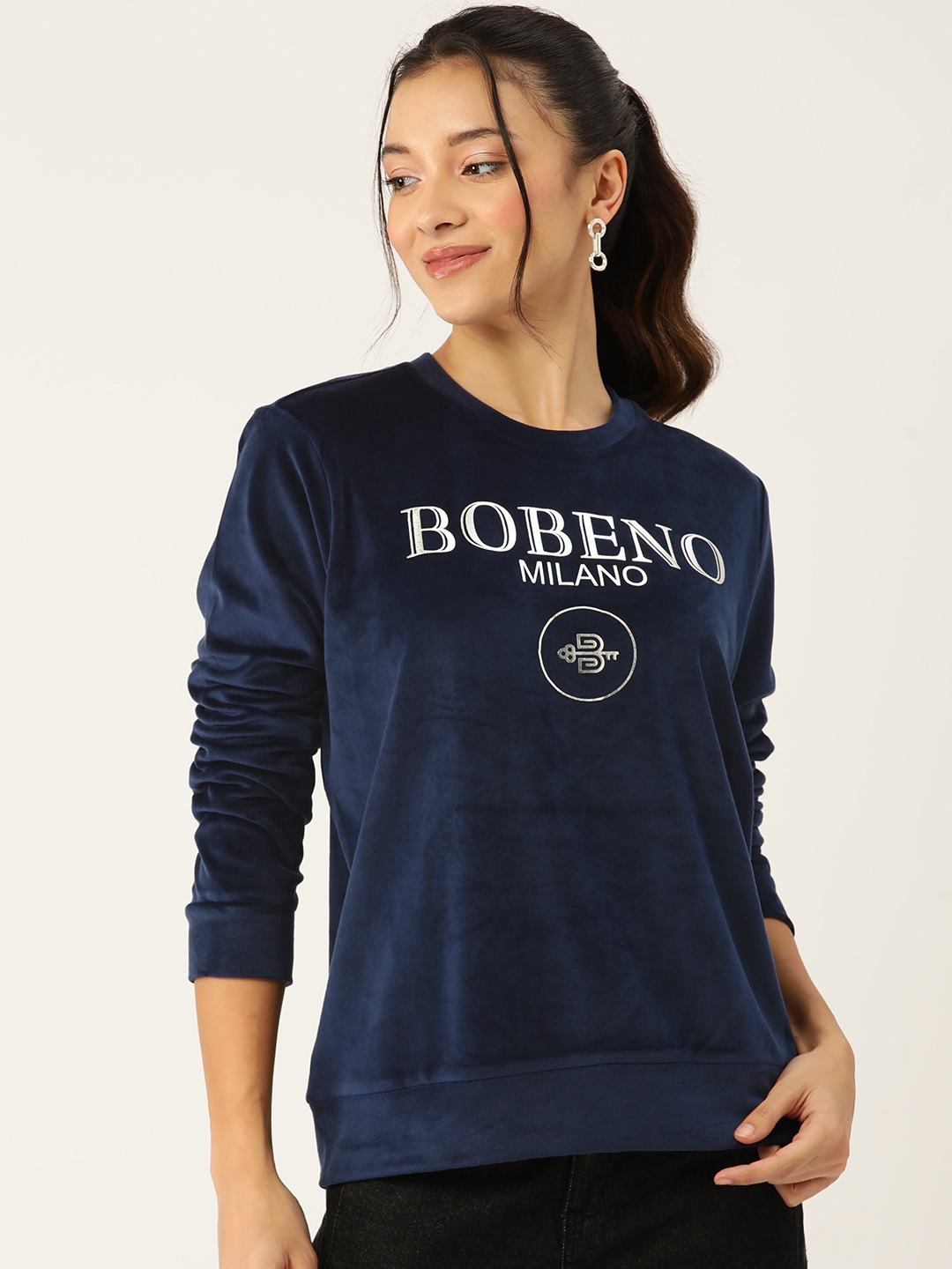 

Bobeno Milano Typography Printed Velvet Longline Sweatshirt, Navy blue