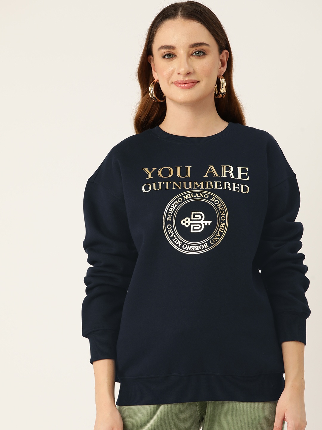 

Bobeno Milano Typography Printed Fleece Longline Sweatshirt, Navy blue