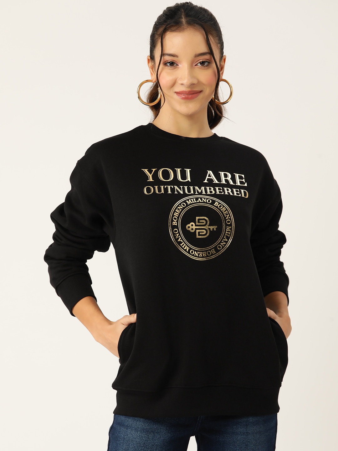 

Bobeno Milano Typography Printed Fleece Longline Sweatshirt, Black