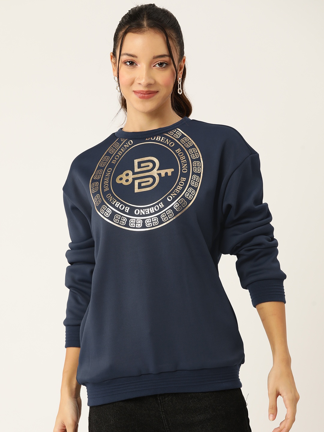 

Bobeno Milano Brand Logo Printed Fleece Longline Sweatshirt, Navy blue