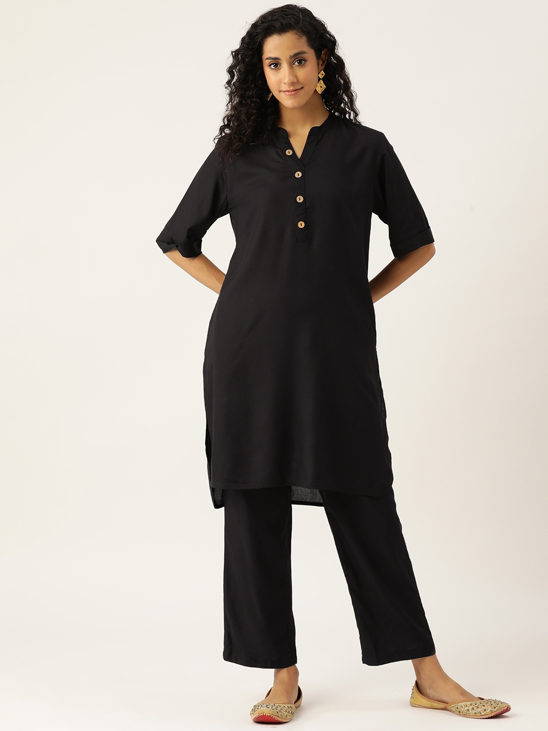 

MISRI Women Solid Regular Straight Kurta with Trousers, Black