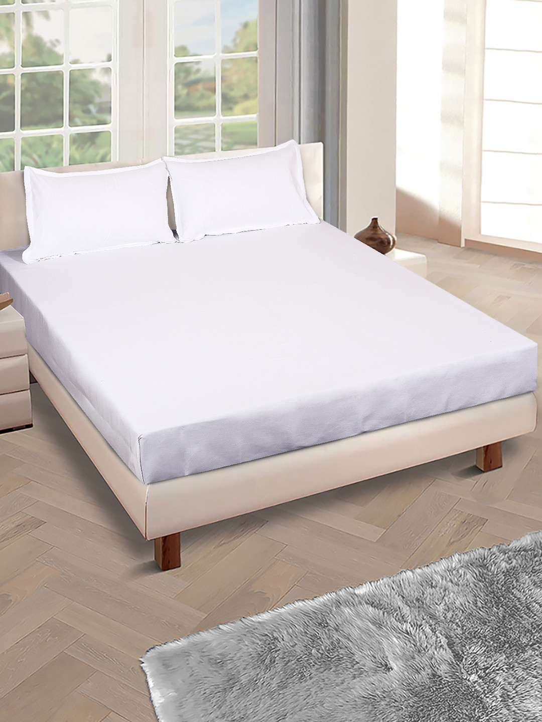 

ROMEE White Solid 144 TC Queen Fitted Bedsheet with 2 Pillow Covers