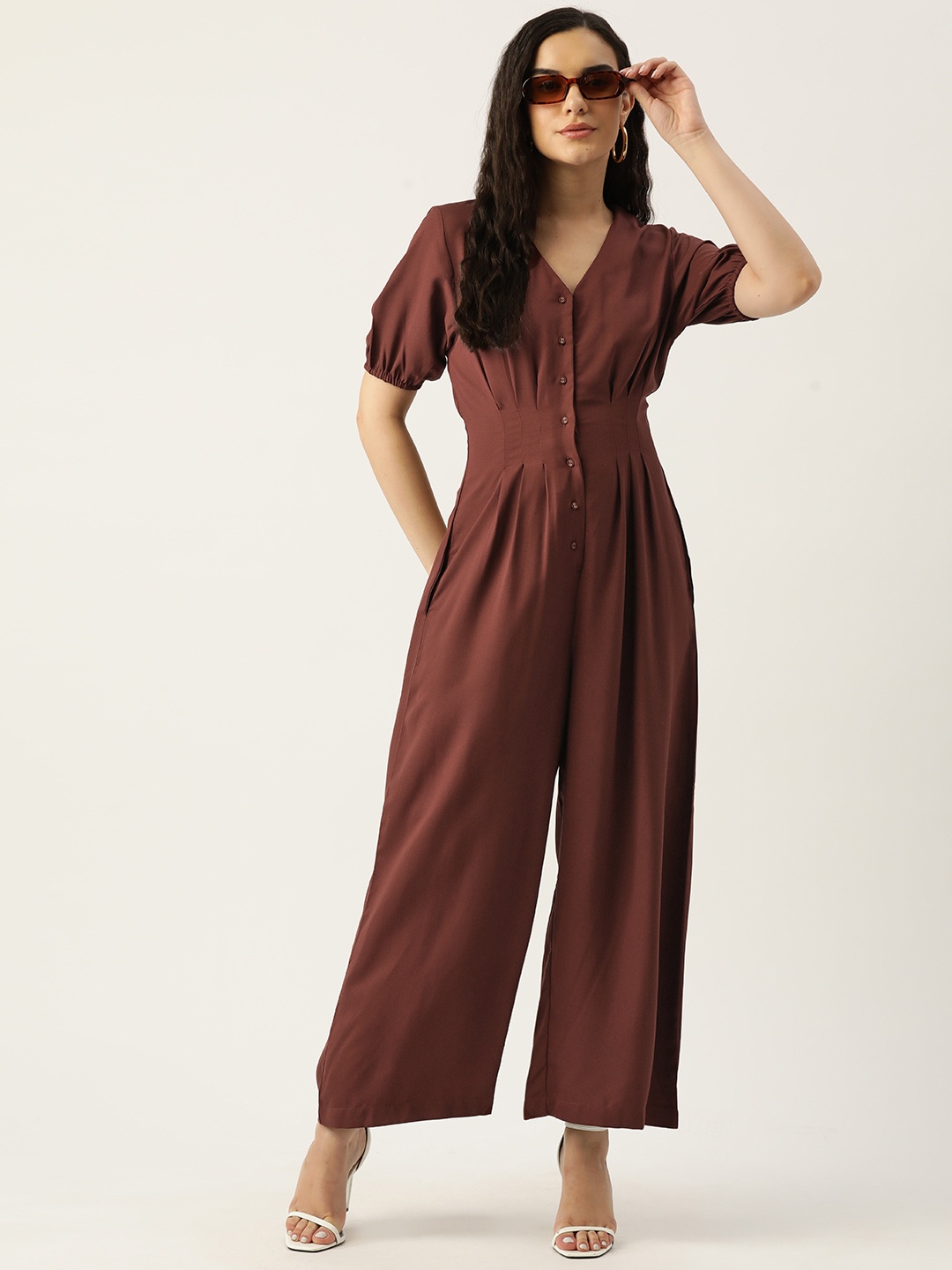 

Rue Collection Solid Front Open Basic Jumpsuit, Brown