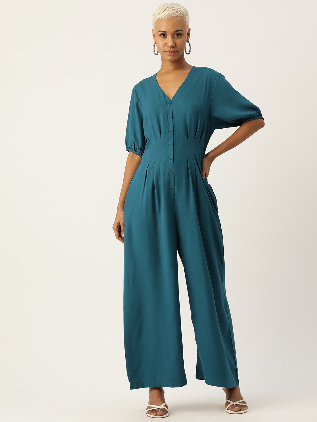 

Rue Collection Solid Front Open Basic Jumpsuit, Teal