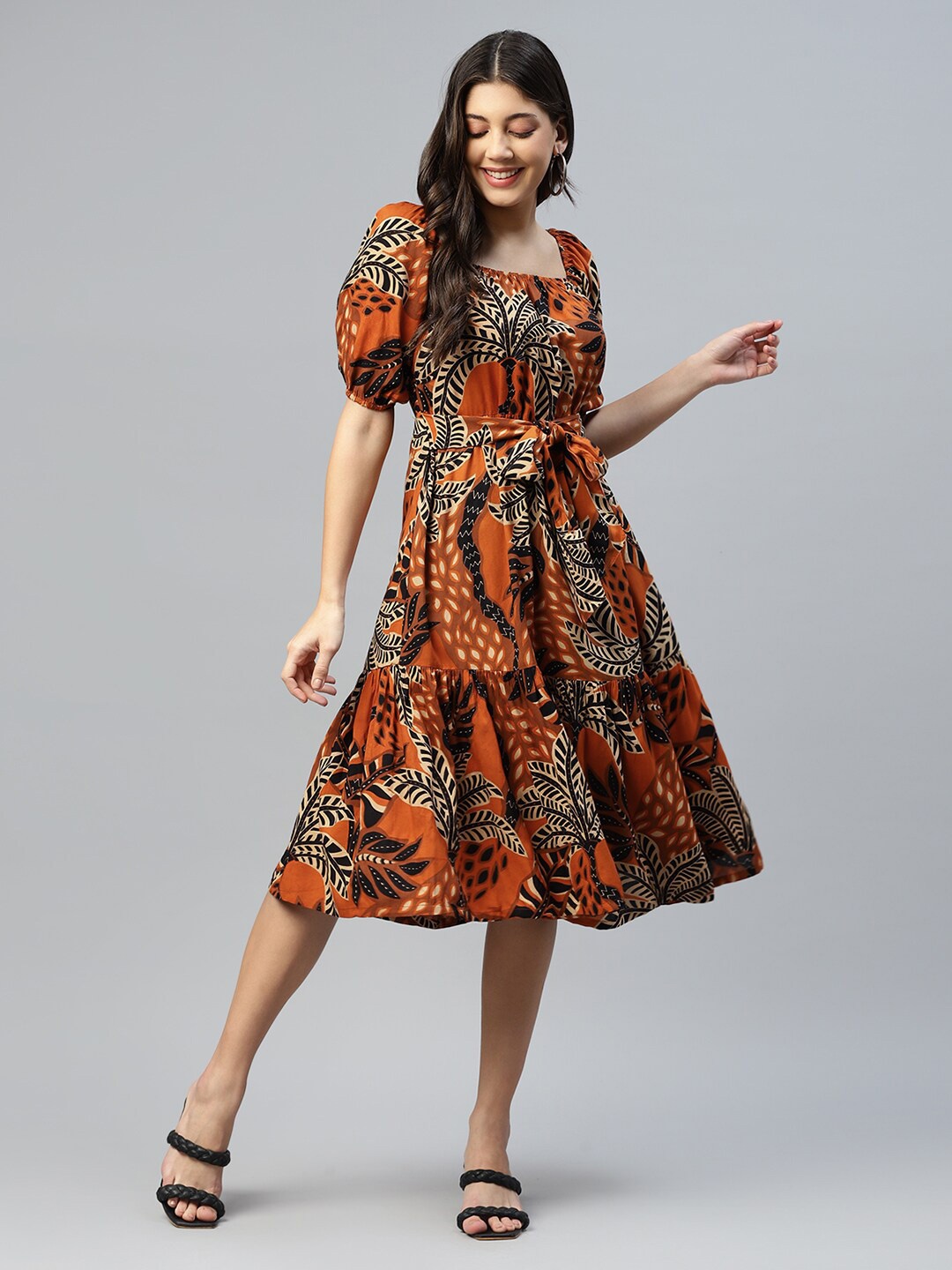 

DEEBACO Tropical Printed Square Neck Midi Dress, Coffee brown