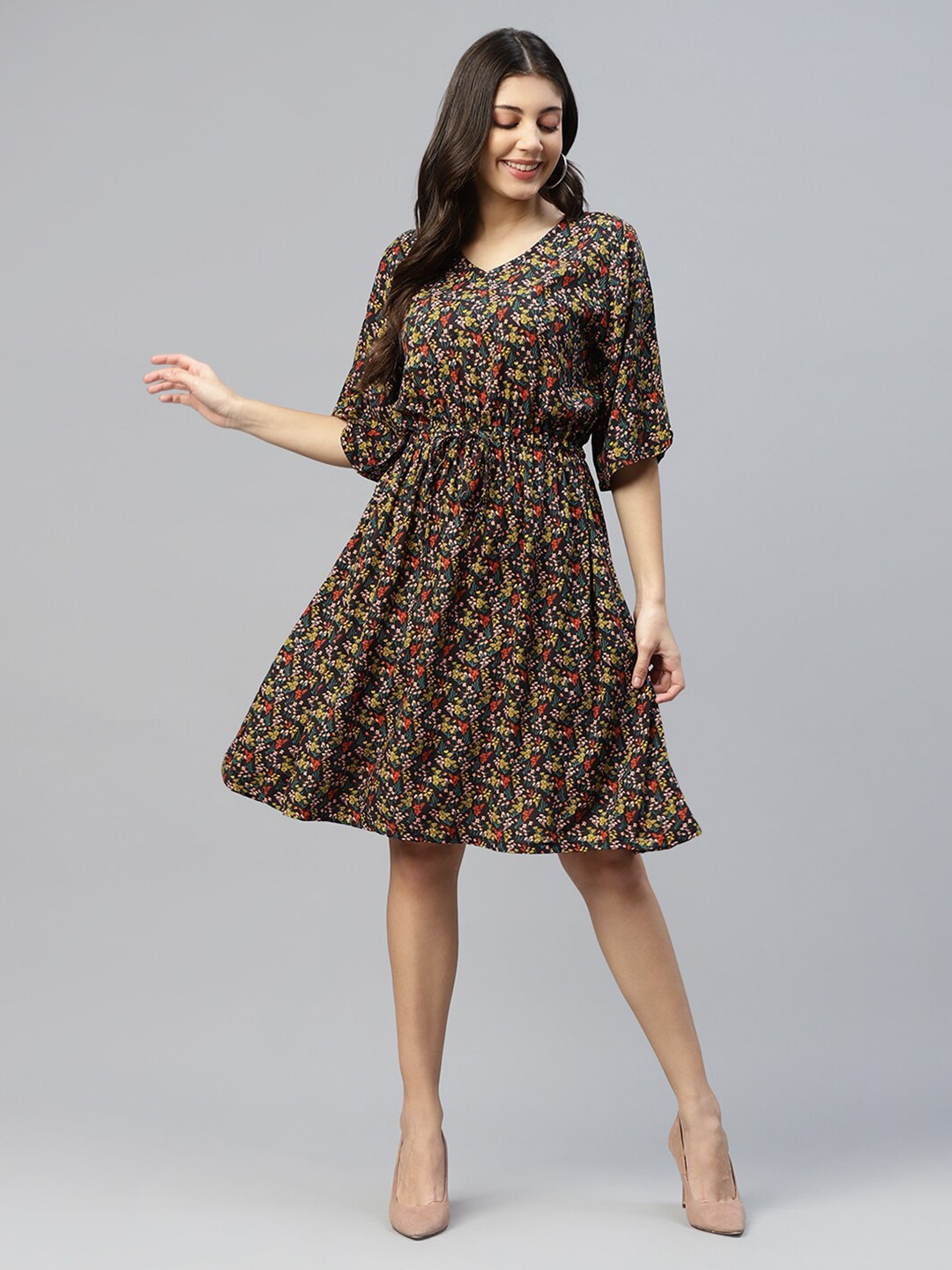 

DEEBACO Floral Rayon V-Neck Mini Dress, Black