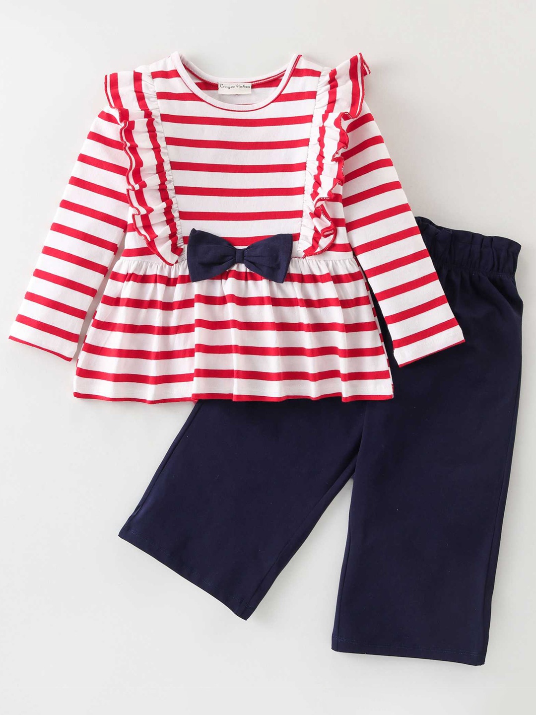 

CrayonFlakes Girls Striped Ruffles Top with Palazzos, Off white