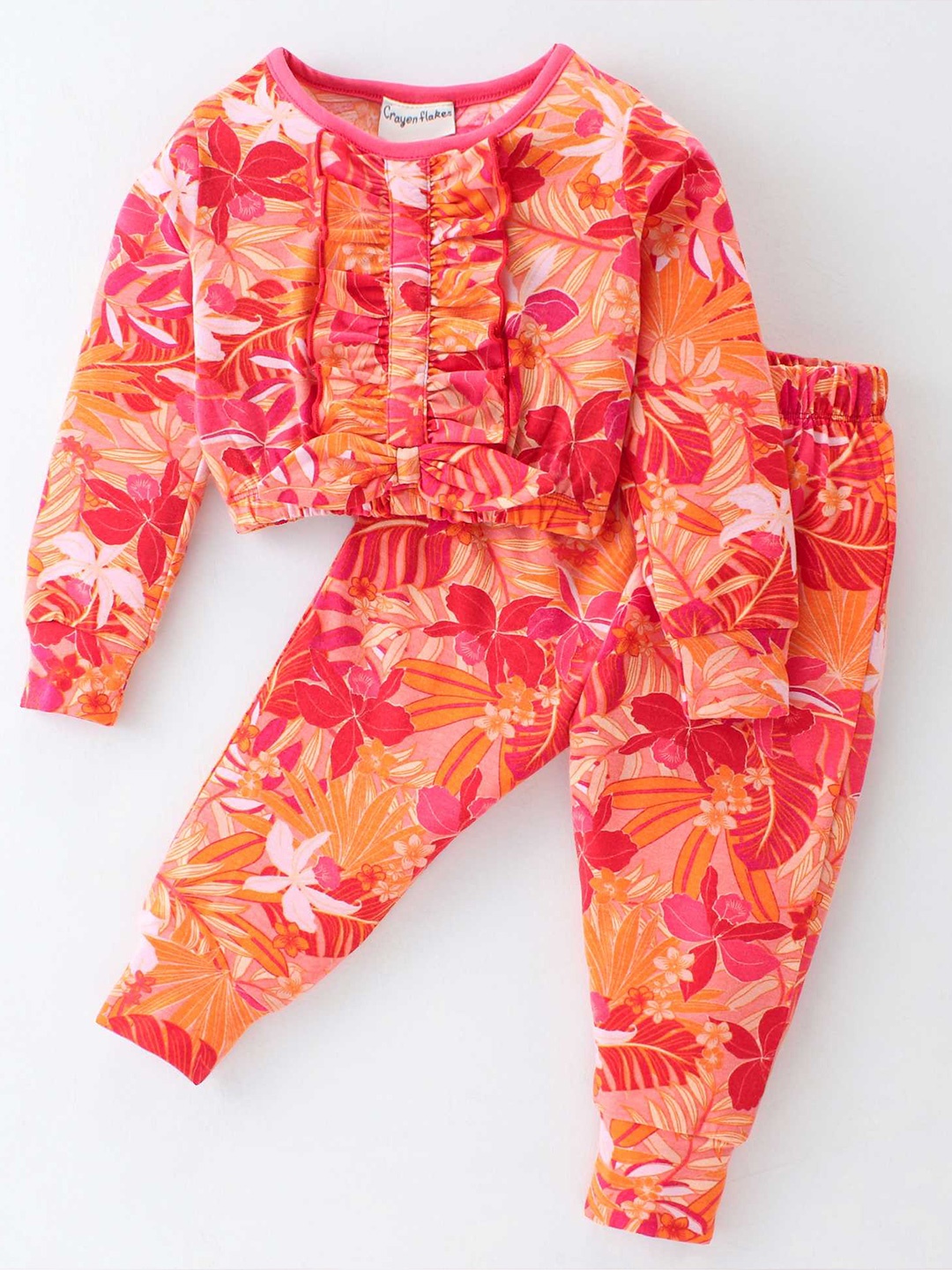 

CrayonFlakes Girls Tropical Printed Ruffled Top with Jogger, Orange