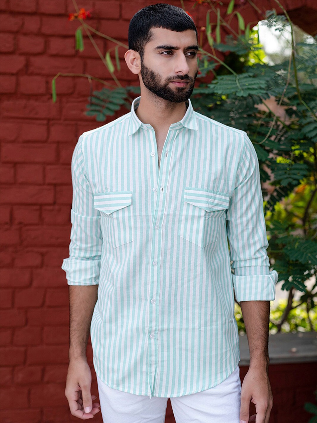 

Tistabene New Striped Spread Collar Cotton Casual Shirt, Green