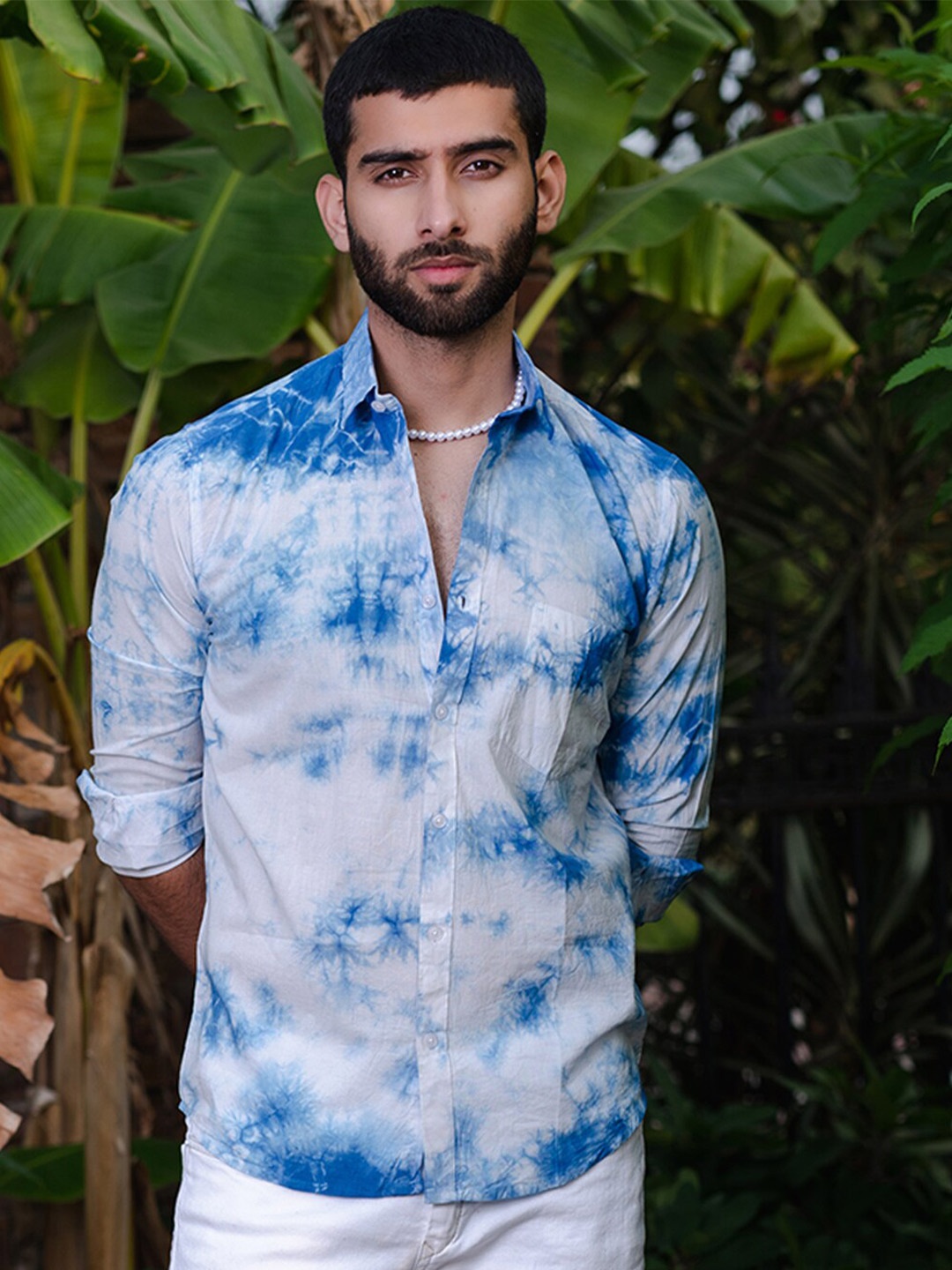 

Tistabene New Tie Dye Spread Collar Cotton Casual Shirt, Blue