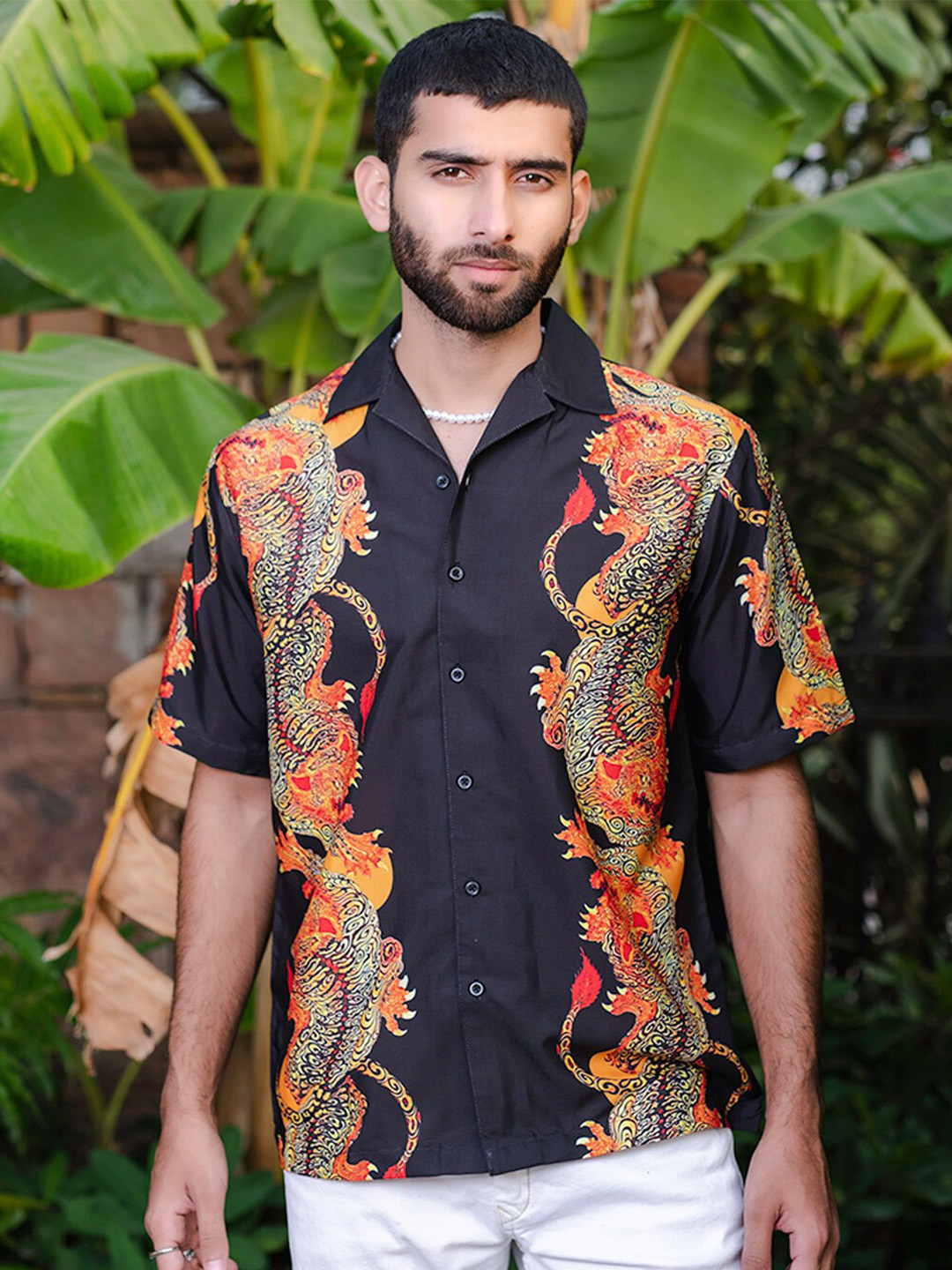 

Tistabene New Graphic Printed Cuban Collar Oversized Casual Shirt, Black