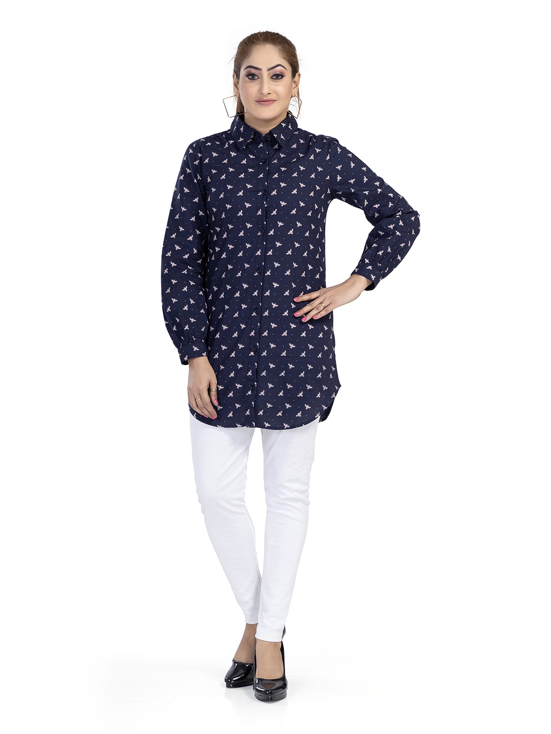 

Nino Bambino Comfort Conversational Printed Semi Sheer Cotton Longline Casual Shirt, Navy blue