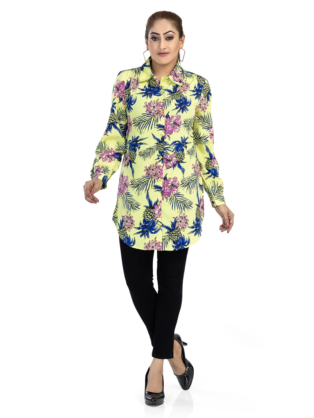 

Nino Bambino Comfort Floral Printed Semi Sheer Longline Casual Shirt, Green