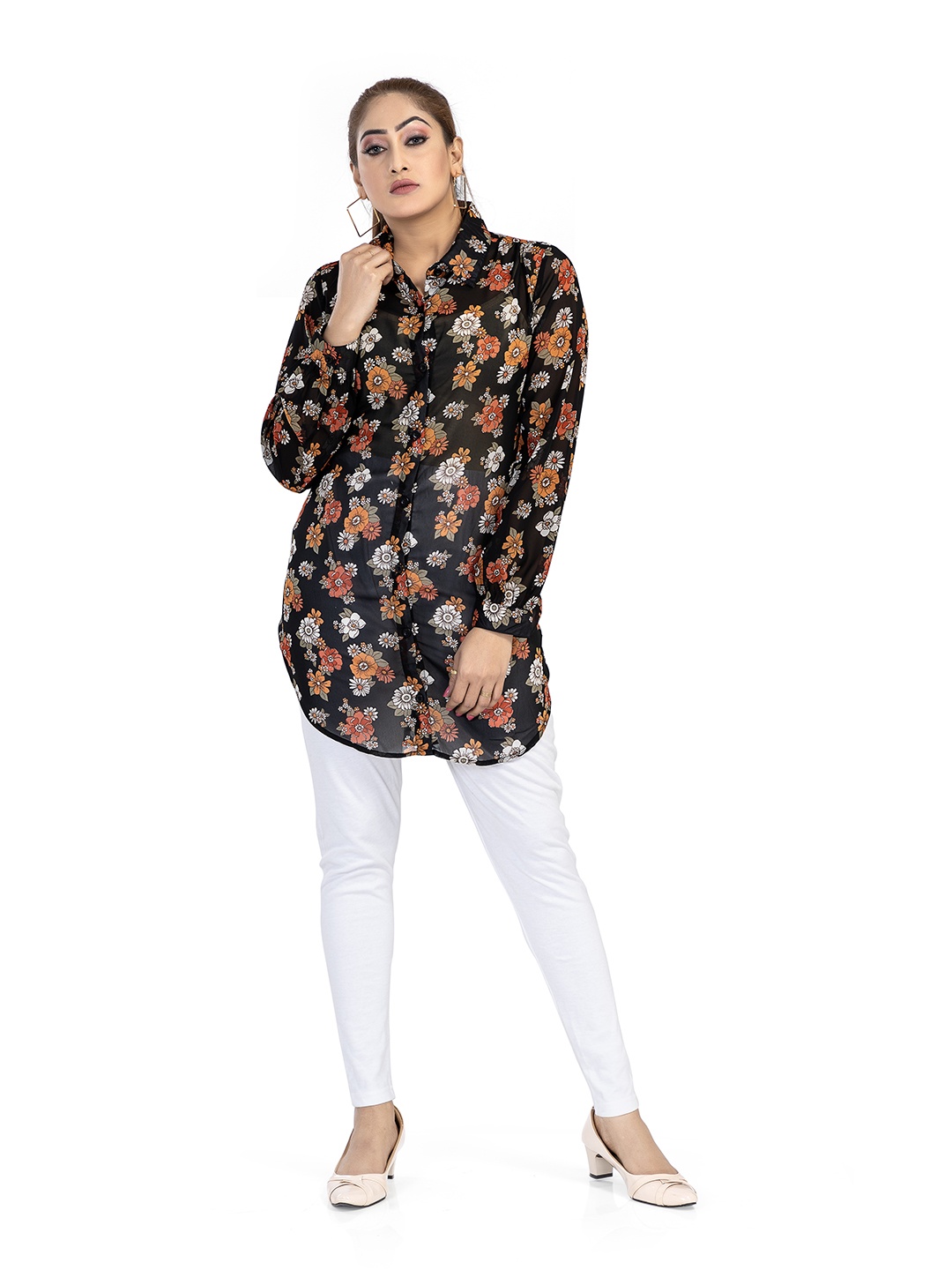 Nino Bambino Comfort Floral Printed Semi Sheer Longline Casual Shirt, Black