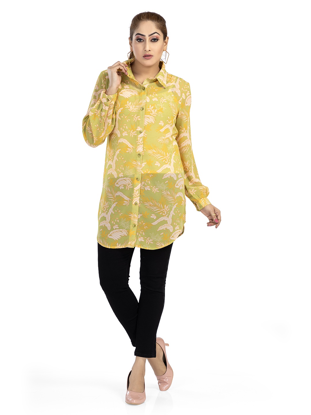 

Nino Bambino Comfort Floral Printed Semi Sheer Longline Casual Shirt, Green